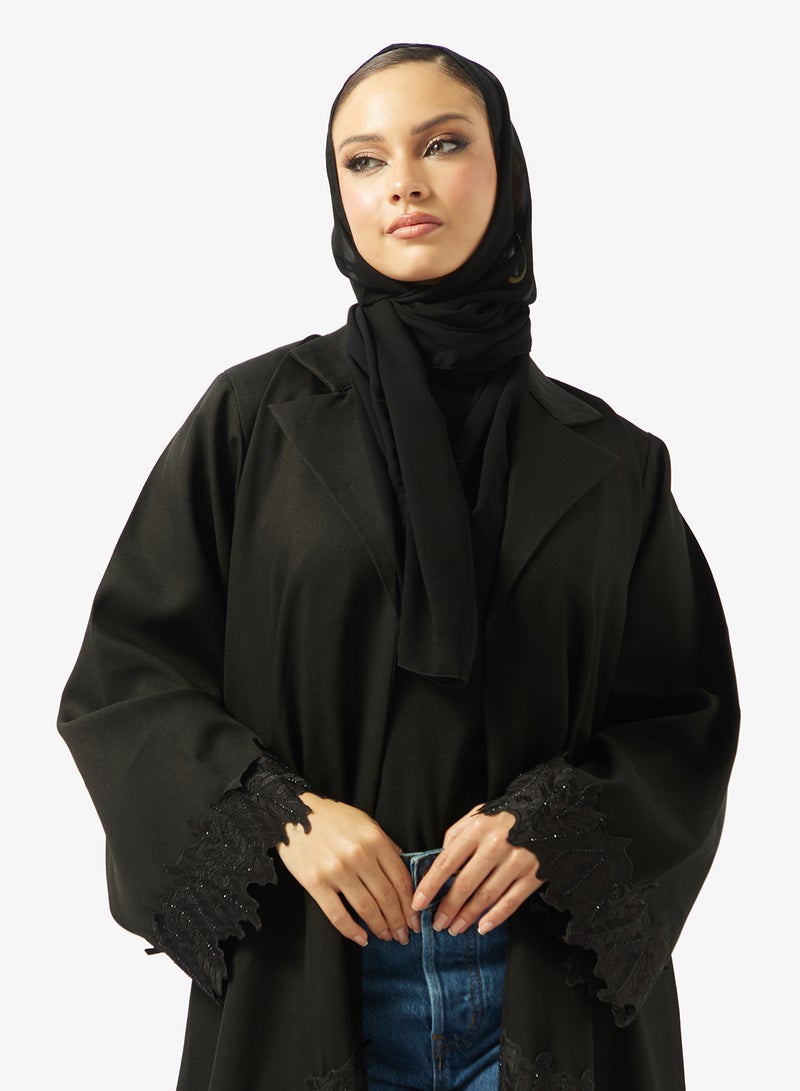 hayas closet Black Abaya with Lace details & Sheila - Image 3